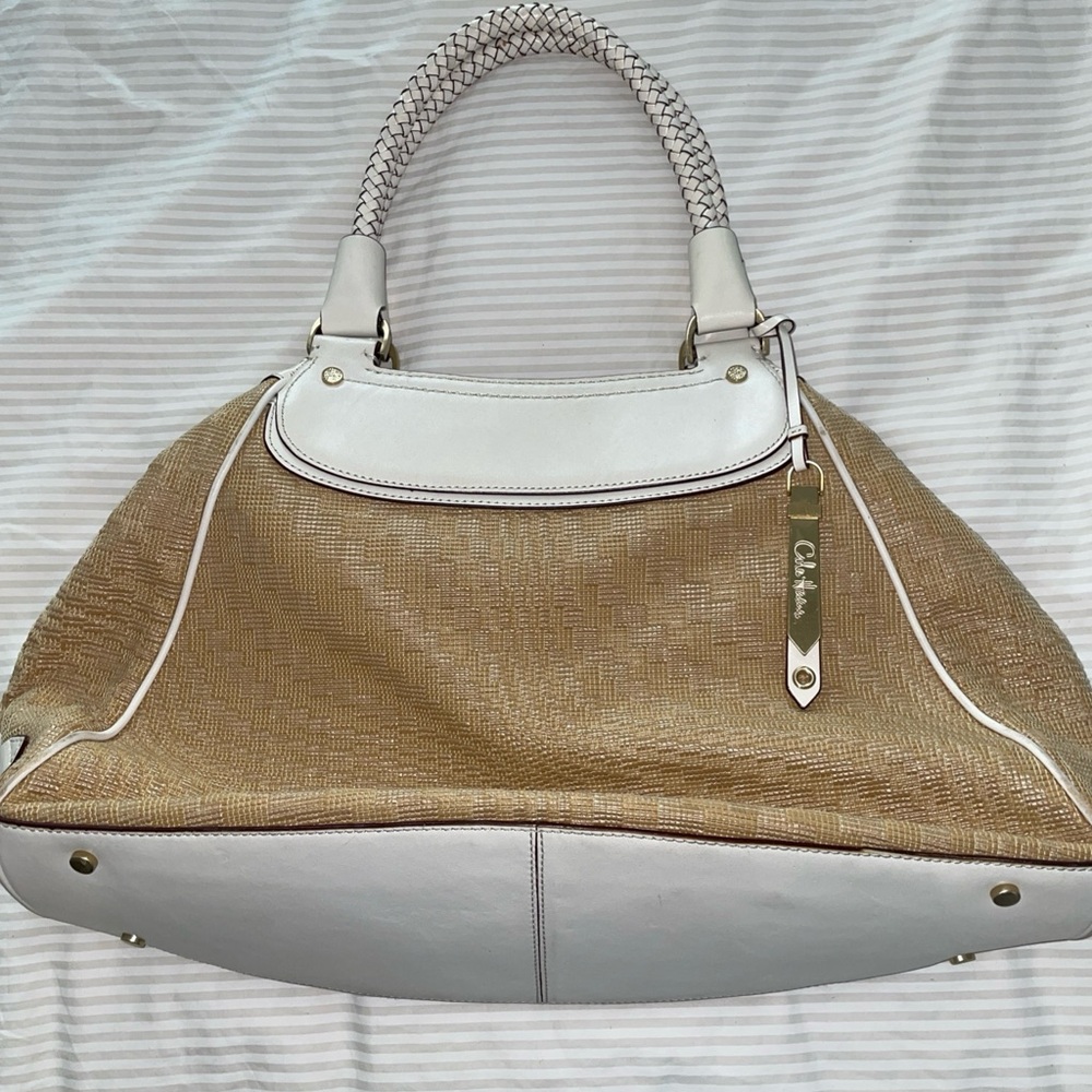 Cole Haan Genuine Leather/Straw Shoulder Tote Bag Ivory White/ Natural Tan